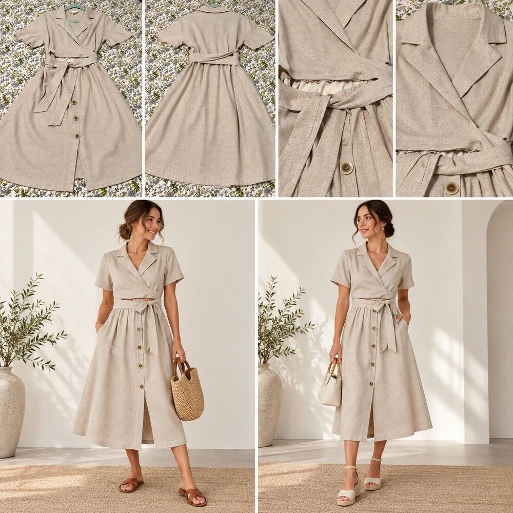 Liveriche linenblend tan dress single breasted faux wrap pockets lined skirt Med
